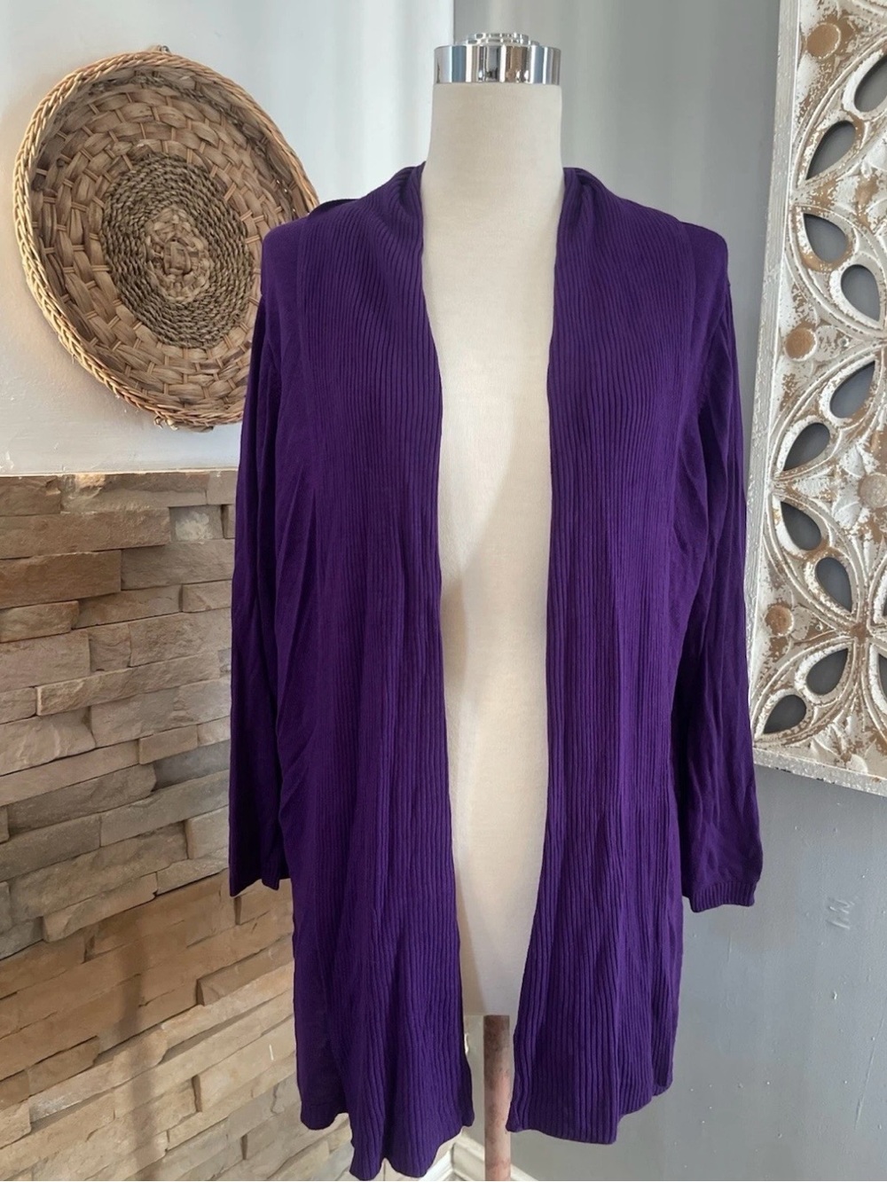 Avenue Purple Open-Front Ribbed Cardigan